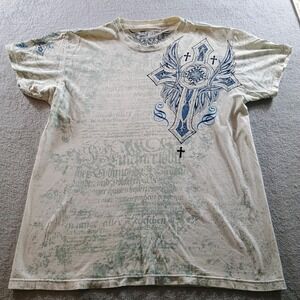 Raw State Men T-Shirt Redemption Winged Cross White Blue Large Distressed Y2K